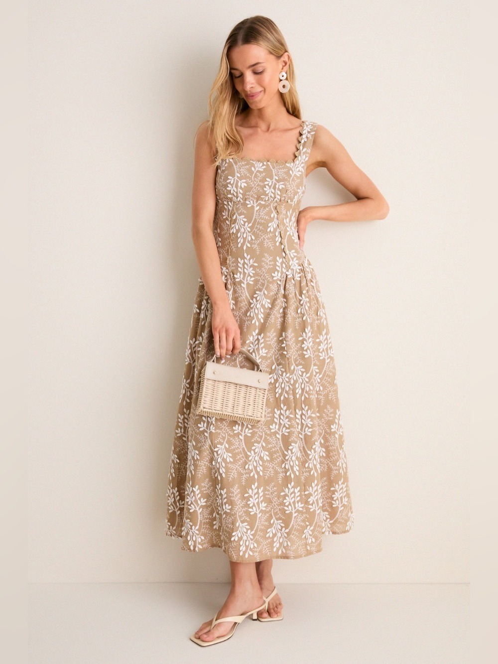 MOON RIVER Mocha Square Neck Trim Corset Detail Midi Dress Size M (Brand new)